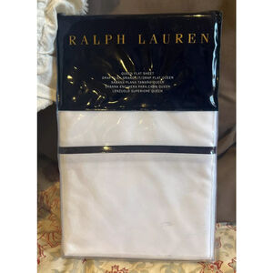 Ralph Lauren Palmer Home Queen Flat Cotton Percale Sheet White Navy Trim New